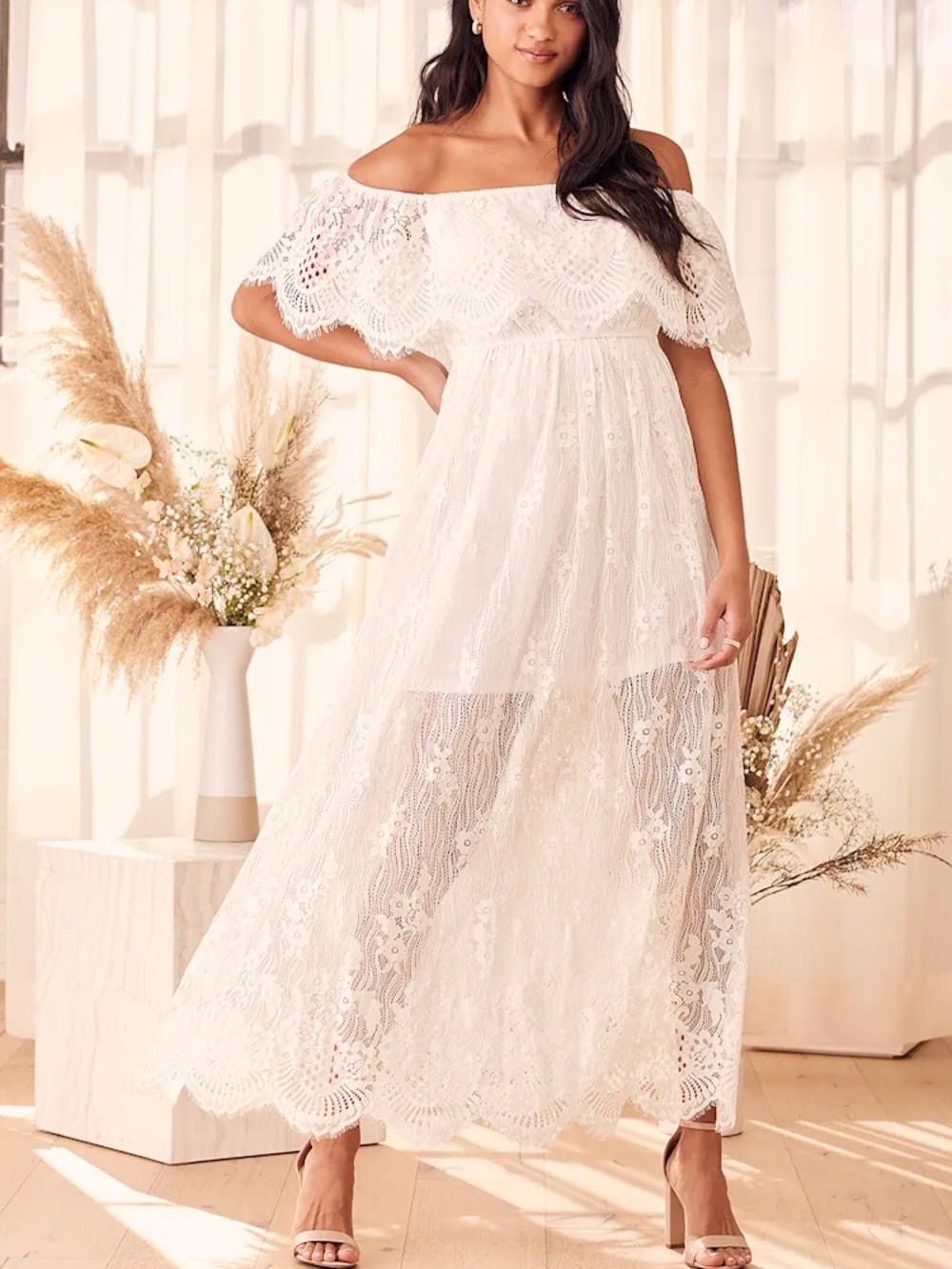 Lulus Sweetest Touch White Embroidered Lace Off-the-Shoulder Maxi Dress Size S